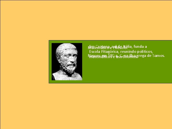 Em Crotona, esul de Itália, funda a Matemático Filósofo. Escola Pitagórica, reunindo políticos, Nasceu