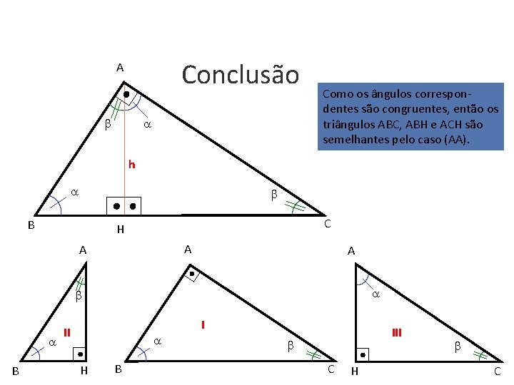Conclusão A Como os ângulos correspondentes são congruentes, então os triângulos ABC, ABH e