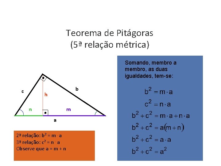 Teorema de Pitágoras (5ª relação métrica) Somando, membro a membro, as duas igualdades, tem-se:
