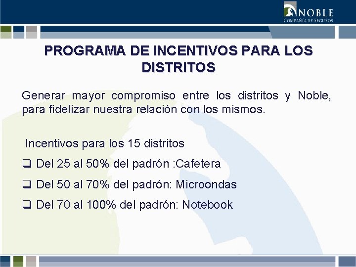 PROGRAMA DE INCENTIVOS PARA LOS DISTRITOS Generar mayor compromiso entre los distritos y Noble,