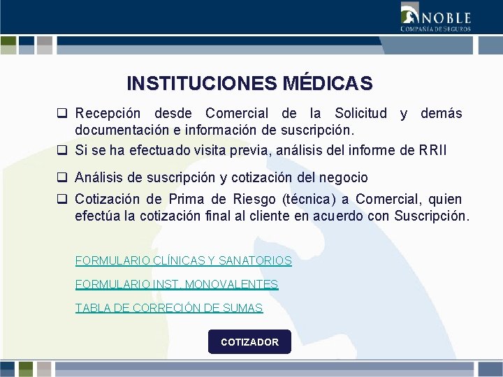INSTITUCIONES MÉDICAS q Recepción desde Comercial de la Solicitud y demás documentación e información