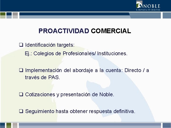 PROACTIVIDAD COMERCIAL q Identificación targets: Ej. : Colegios de Profesionales/ Instituciones. q Implementación del