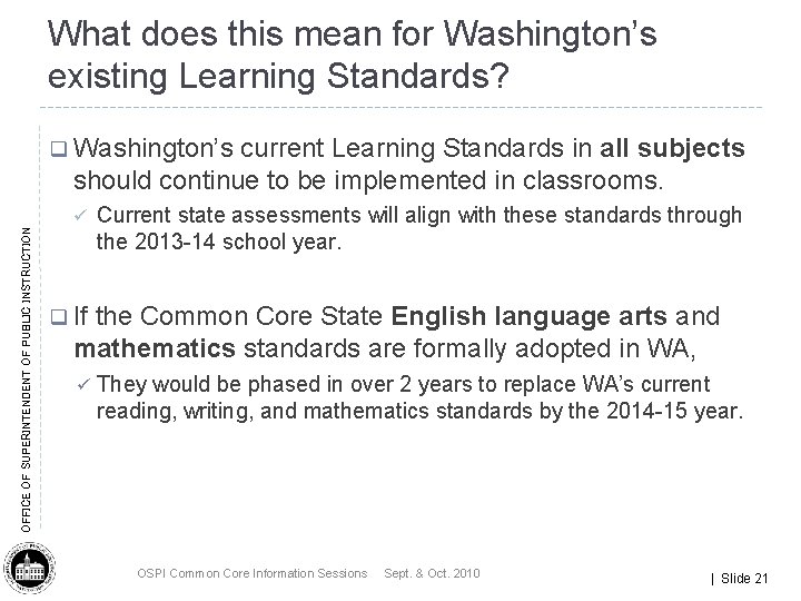 What does this mean for Washington’s existing Learning Standards? q Washington’s current Learning Standards