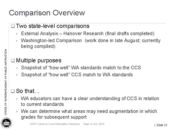 Comparison Overview q Two § OFFICE OF SUPERINTENDENT OF PUBLIC INSTRUCTION § state-level comparisons