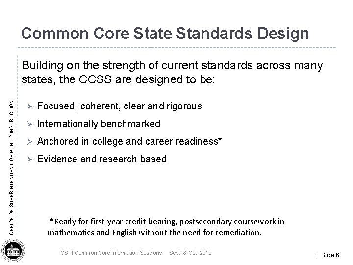 Common Core State Standards Design OFFICE OF SUPERINTENDENT OF PUBLIC INSTRUCTION Building on the