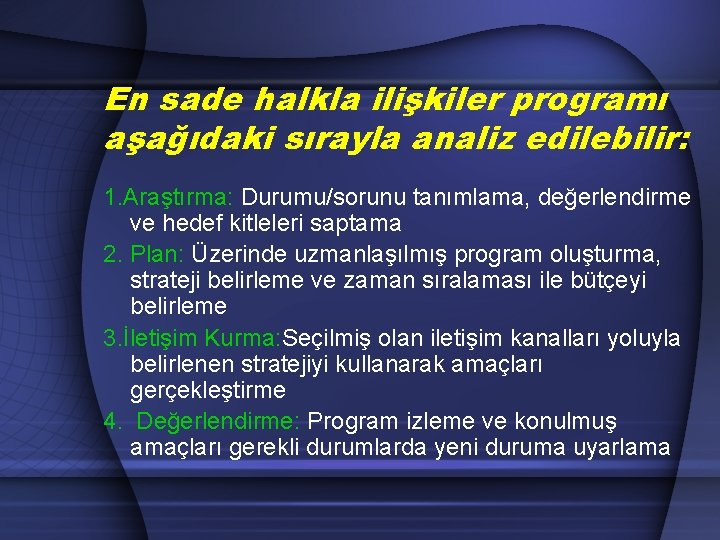 En sade halkla ilişkiler programı aşağıdaki sırayla analiz edilebilir: 1. Araştırma: Durumu/sorunu tanımlama, değerlendirme