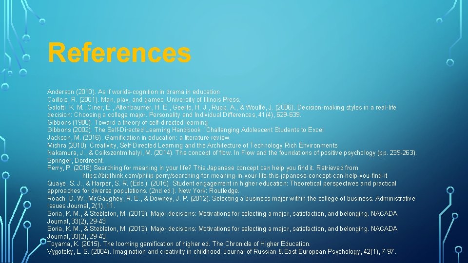 References Anderson (2010). As if worlds-cognition in drama in education Caillois, R. (2001). Man,
