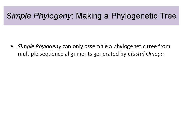 Simple Phylogeny: Making a Phylogenetic Tree • Simple Phylogeny can only assemble a phylogenetic