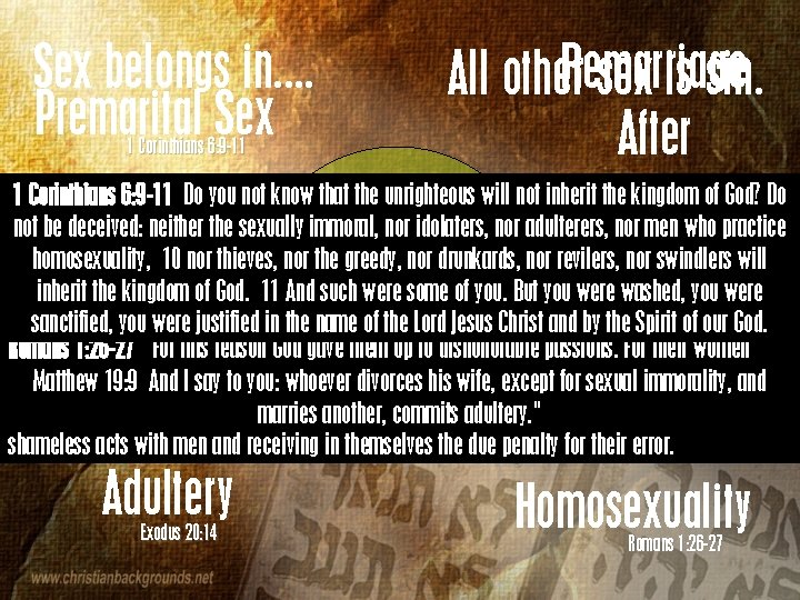 All other. Remarriage sex is sin. After 1 Corinthians 6: 9 -11 Do you
