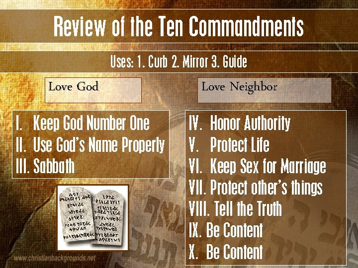 Review of the Ten Commandments Uses: 1. Curb 2. Mirror 3. Guide Love God