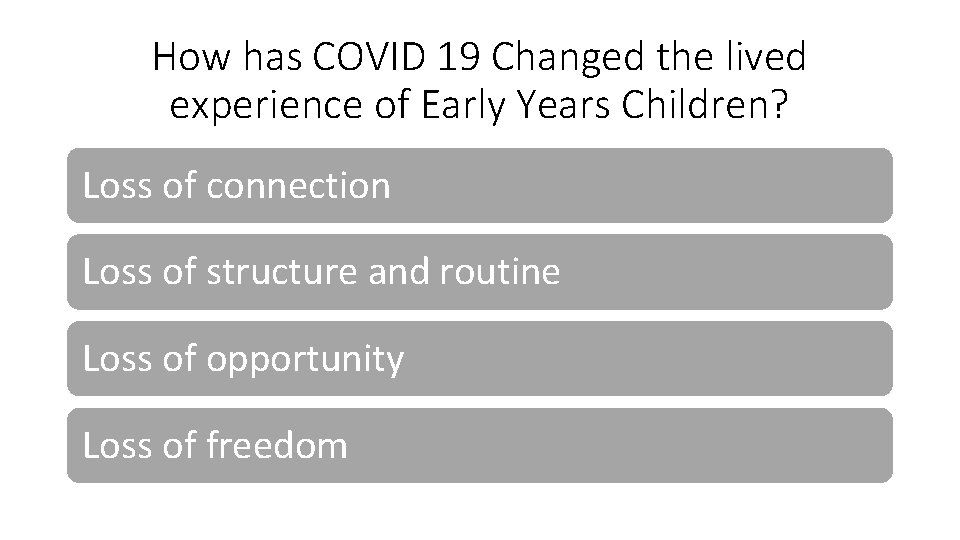 How has COVID 19 Changed the lived experience of Early Years Children? Loss of