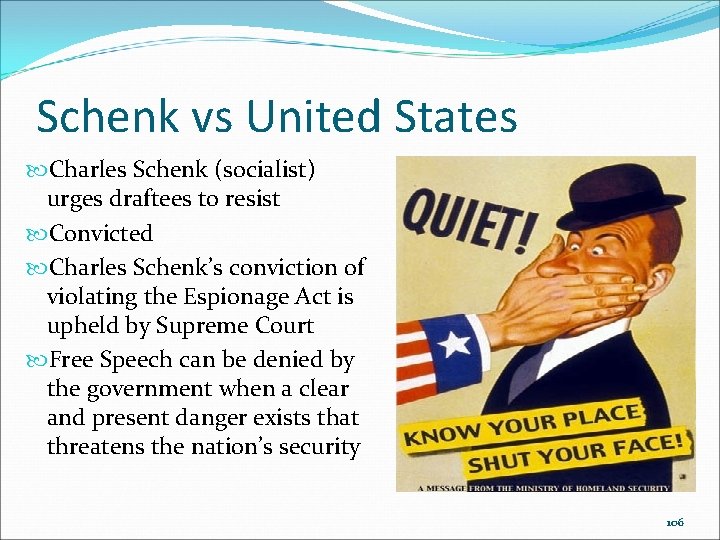 Schenk vs United States Charles Schenk (socialist) urges draftees to resist Convicted Charles Schenk’s Schenk vs United States Charles Schenk (socialist) urges draftees to resist Convicted Charles Schenk’s