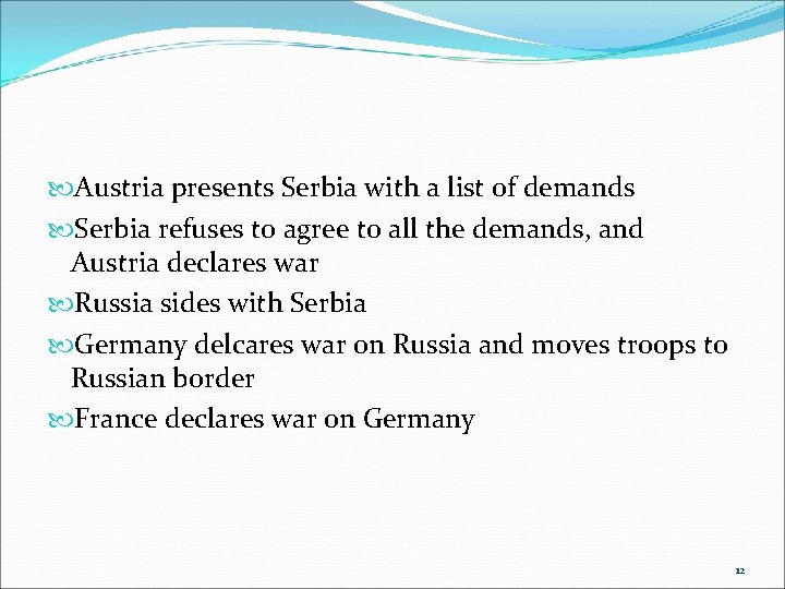 Austria presents Serbia with a list of demands Serbia refuses to agree to Austria presents Serbia with a list of demands Serbia refuses to agree to