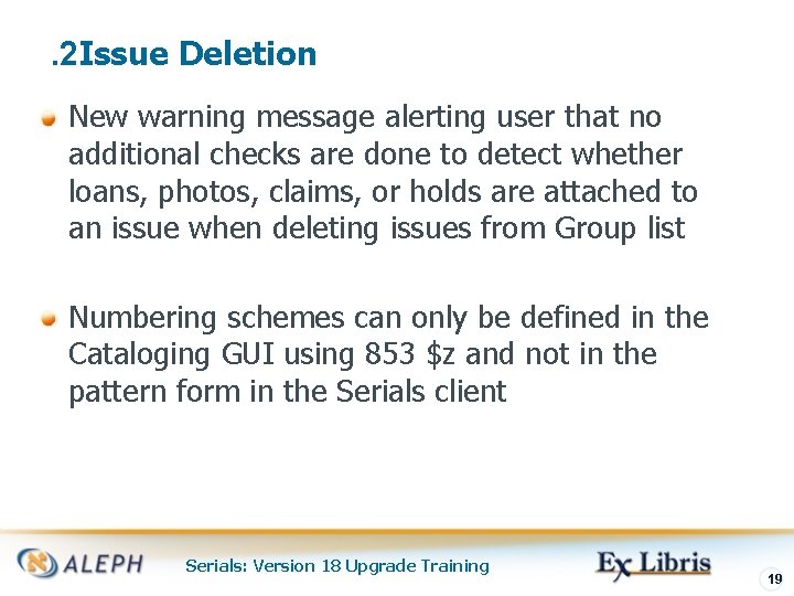 . 2 Issue Deletion New warning message alerting user that no additional checks are