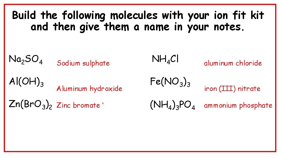 Build the following molecules with your ion fit kit and then give them a