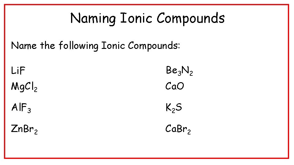 Naming Ionic Compounds Name the following Ionic Compounds: Li. F Be 3 N 2