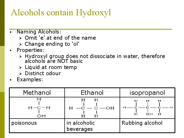 Alcohols contain Hydroxyl • • • Naming Alcohols: Ø Omit ‘e’ at end of