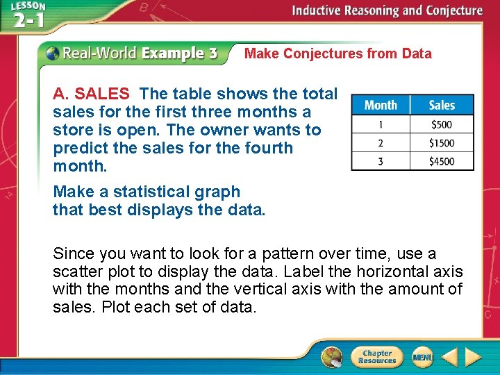 Make Conjectures from Data A. SALES The table shows the total sales for the Make Conjectures from Data A. SALES The table shows the total sales for the