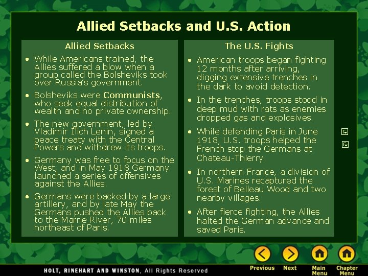 Allied Setbacks and U. S. Action Allied Setbacks • While Americans trained, the Allies