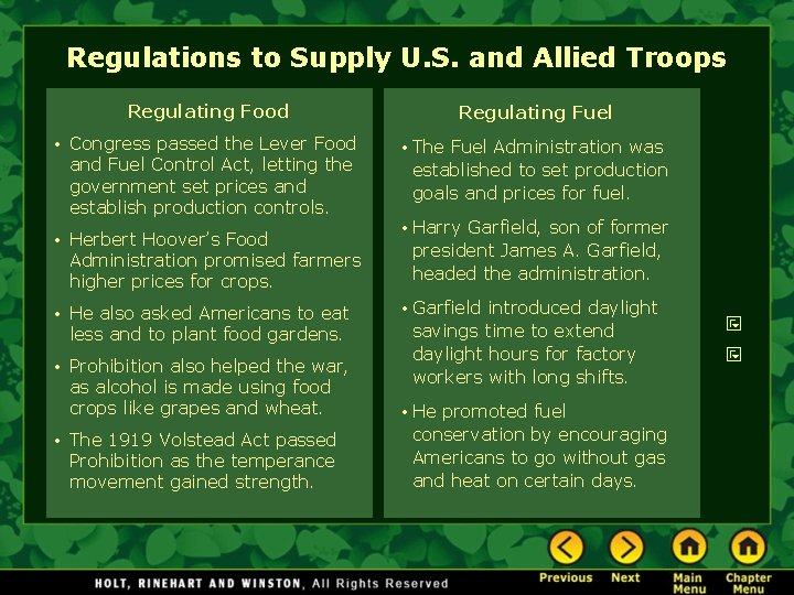 Regulations to Supply U. S. and Allied Troops Regulating Food Regulating Fuel • Congress