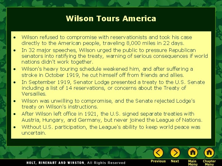 Wilson Tours America • • Wilson refused to compromise with reservationists and took his