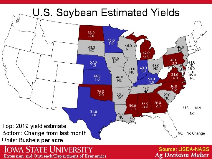 U. S. Soybean Estimated Yields Top: 2019 yield estimate Bottom: Change from last month