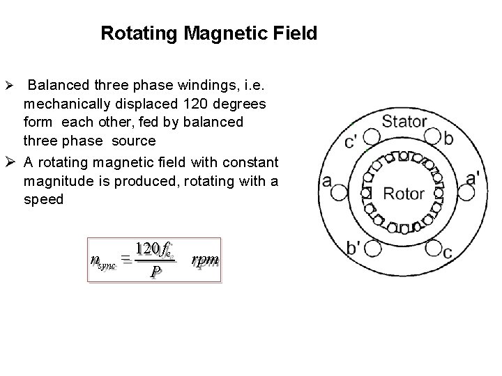 Rotating Magnetic Field Balanced three phase windings, i. e. mechanically displaced 120 degrees form