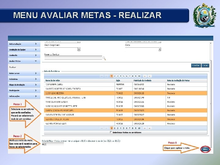 MENU AVALIAR METAS - REALIZAR 