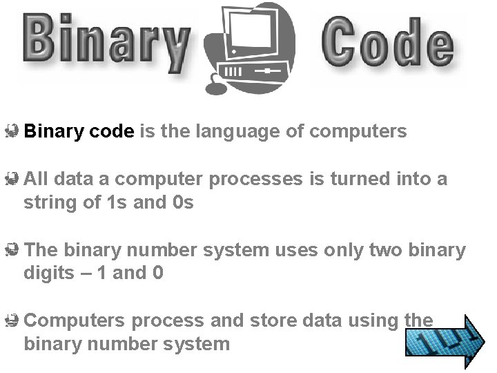 Binary code is the language of computers All data a computer processes is turned