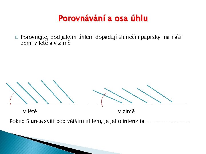 Porovnávání a osa úhlu � Porovnejte, pod jakým úhlem dopadají sluneční paprsky na naši