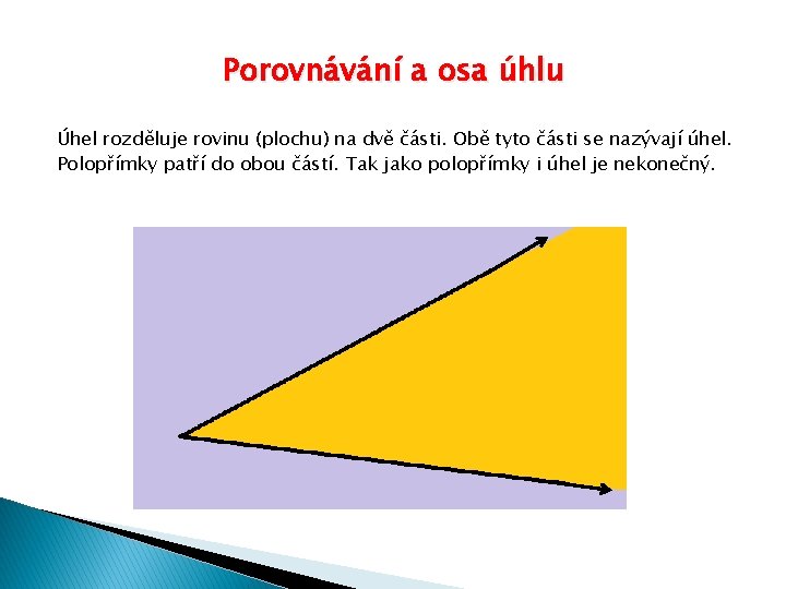 Porovnávání a osa úhlu Úhel rozděluje rovinu (plochu) na dvě části. Obě tyto části