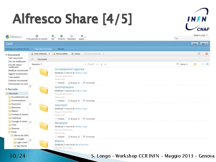 Alfresco Share [4/5] 10/24 S. Longo – Workshop CCR INFN – Maggio 2013 –