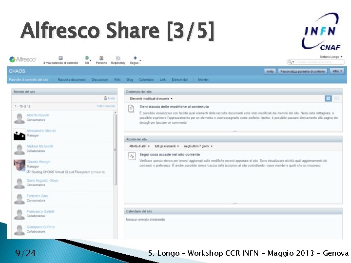 Alfresco Share [3/5] 9/24 S. Longo – Workshop CCR INFN – Maggio 2013 –