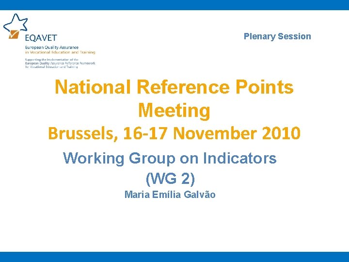 Plenary Session National Reference Points Meeting Brussels, 16 -17 November 2010 Working Group on