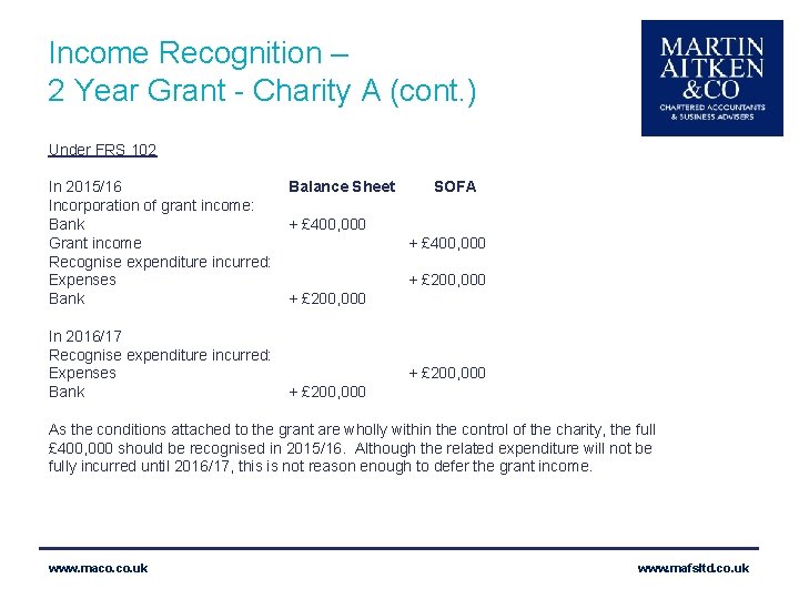 Income Recognition – 2 Year Grant - Charity A (cont. ) Under FRS 102