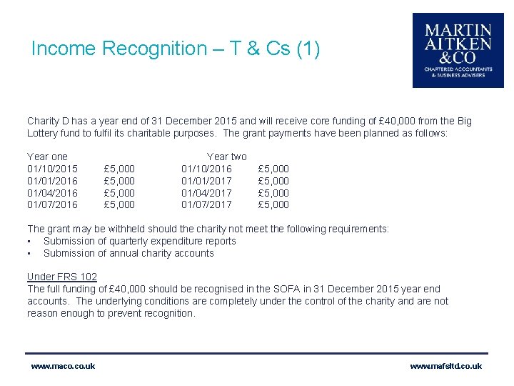 Income Recognition – T & Cs (1) Charity D has a year end of