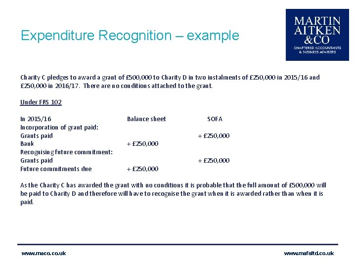 Expenditure Recognition – example Charity C pledges to award a grant of £ 500,