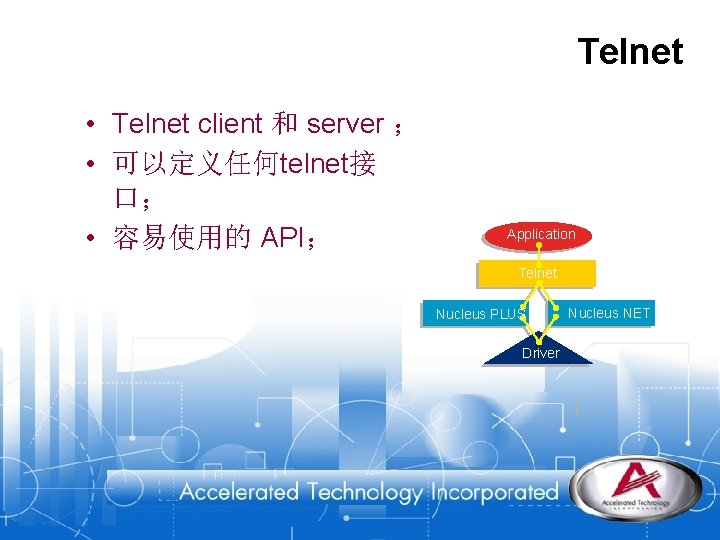 Telnet • Telnet client 和 server ； • 可以定义任何telnet接 口； • 容易使用的 API； Application