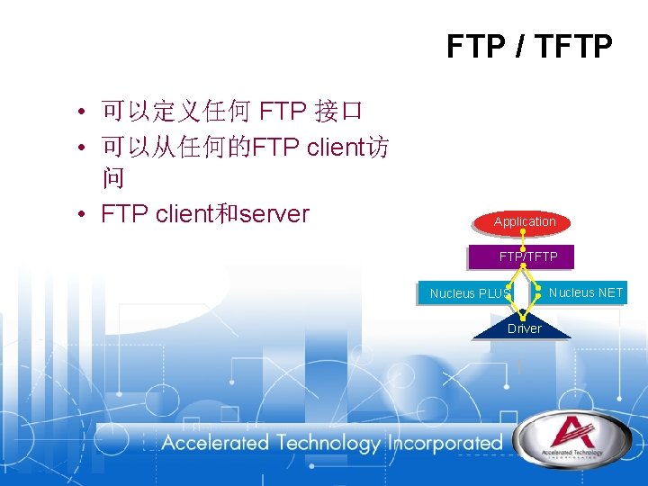 FTP / TFTP • 可以定义任何 FTP 接口 • 可以从任何的FTP client访 问 • FTP client和server