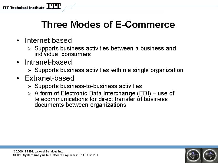 Three Modes of E-Commerce • Internet-based Ø Supports business activities between a business and