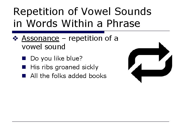 Repetition of Vowel Sounds in Words Within a Phrase v Assonance – repetition of