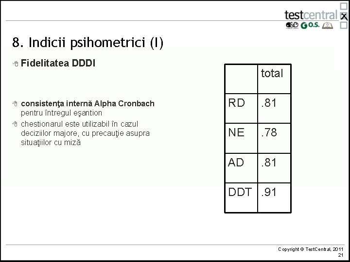 8. Indicii psihometrici (I) 8 Fidelitatea 8 8 DDDI consistenţa internă Alpha Cronbach pentru