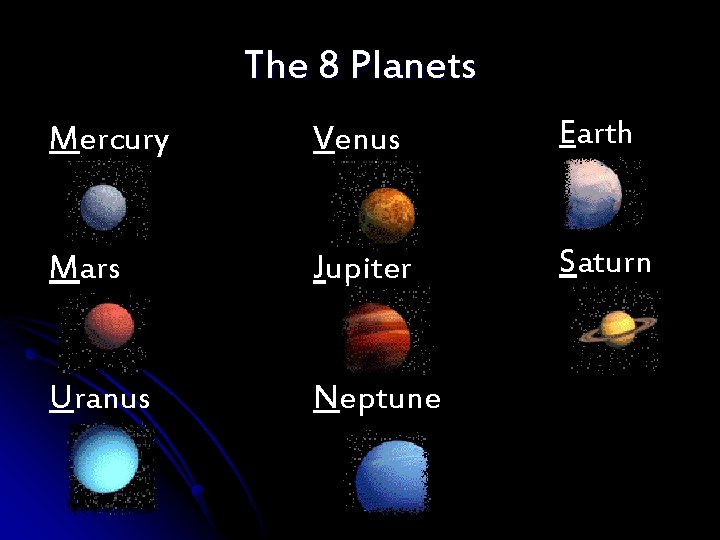 The 8 Planets Mercury Venus Earth Mars Jupiter Saturn Uranus Neptune 