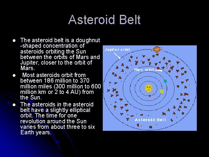 Asteroid Belt l l l The asteroid belt is a doughnut -shaped concentration of