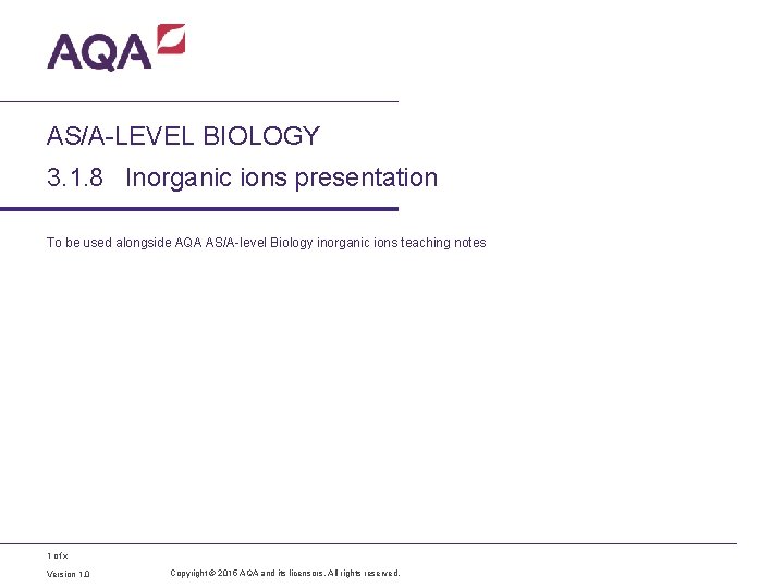 AS/A-LEVEL BIOLOGY 3. 1. 8 Inorganic ions presentation To be used alongside AQA AS/A-level