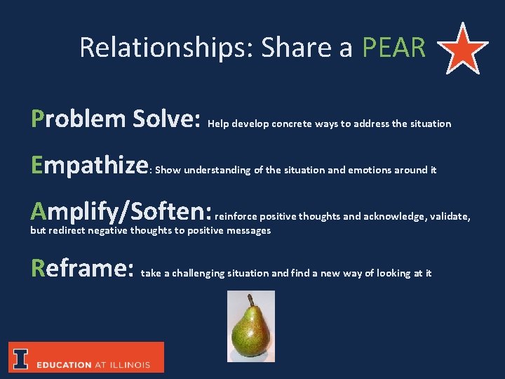 Relationships: Share a PEAR Problem Solve: Help develop concrete ways to address the situation