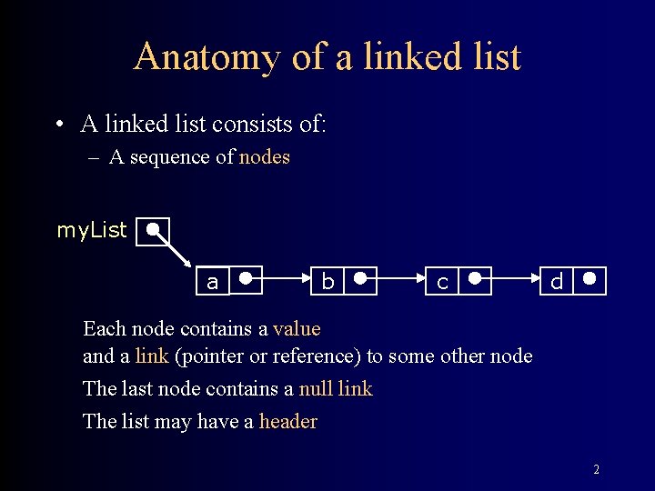 Anatomy of a linked list • A linked list consists of: – A sequence