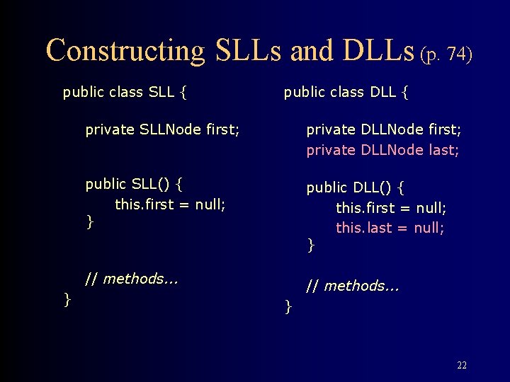 Constructing SLLs and DLLs (p. 74) public class SLL { } public class DLL