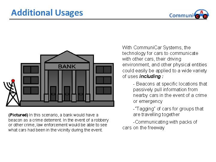 Additional Usages With Communi. Car Systems, the technology for cars to communicate with other