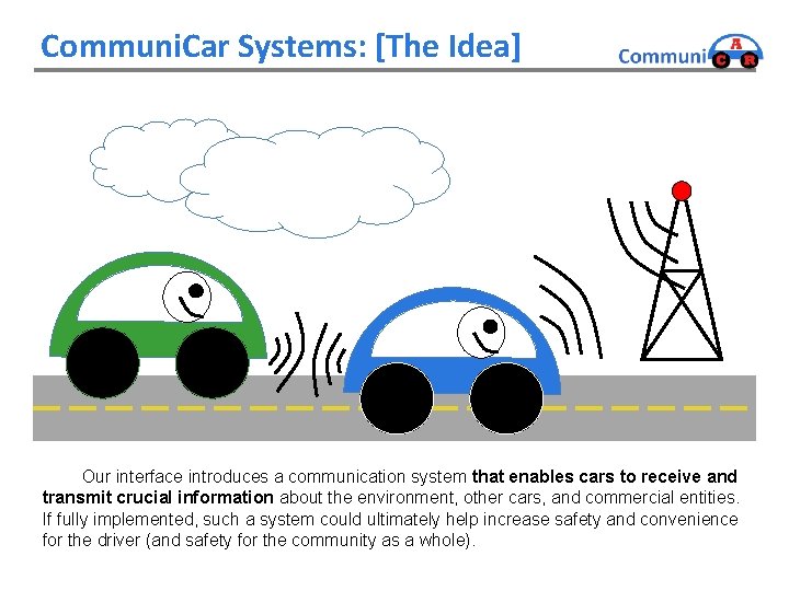 Communi. Car Systems: [The Idea] Our interface introduces a communication system that enables cars